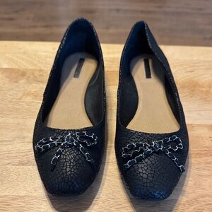 Tahari Black Textured Flats with Bow Accent